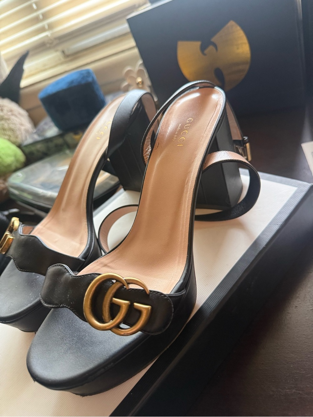 Gucci Black Leather GG Double-G Block Heel Sandals with Gold Hardware